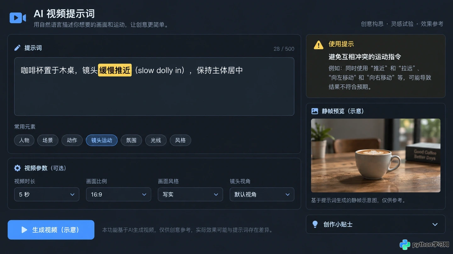 怎么用提示词控制AI视频的镜头推拉摇移与运镜效果