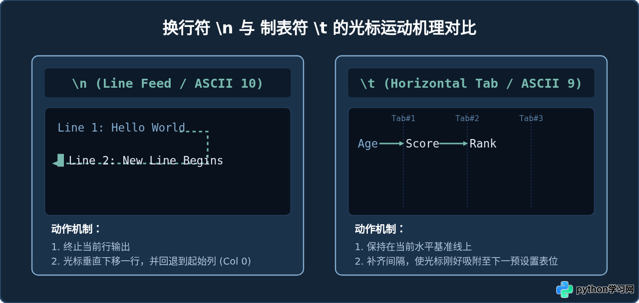 Python中\n和\t的区别：换行符与制表符的用法对比