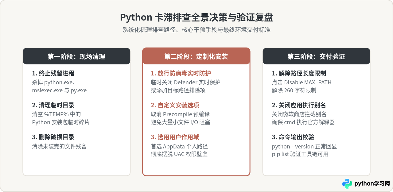 Windows安装Python进度条卡住不动？排查杀毒软件与权限冲突