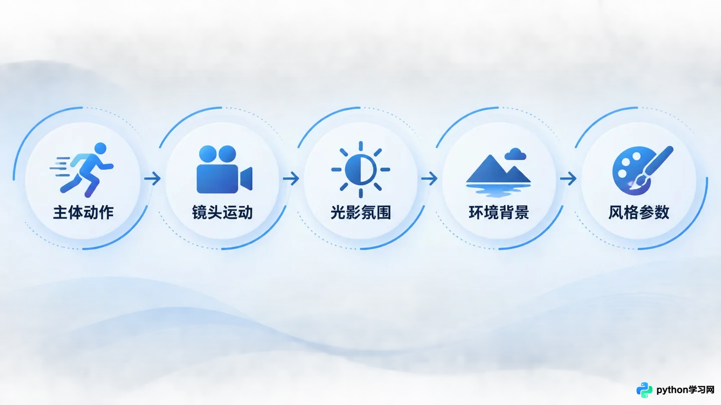 AI视频提示词通用公式：怎么构建包含镜头、光影与动作的完整描述