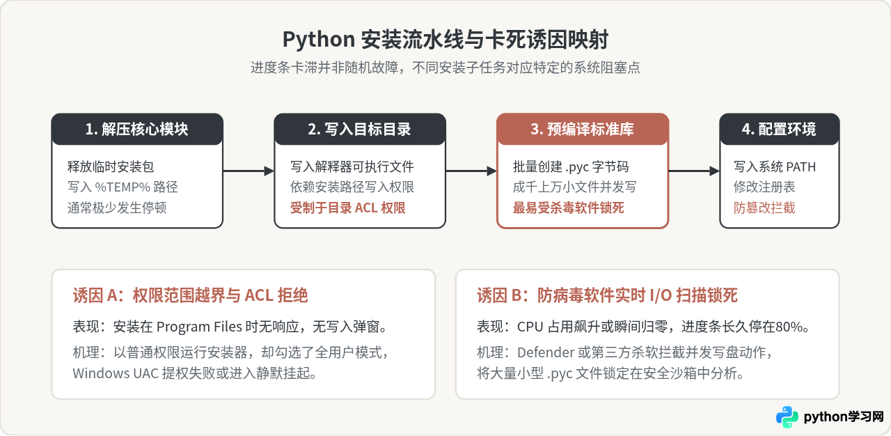 Windows安装Python进度条卡住不动？排查杀毒软件与权限冲突