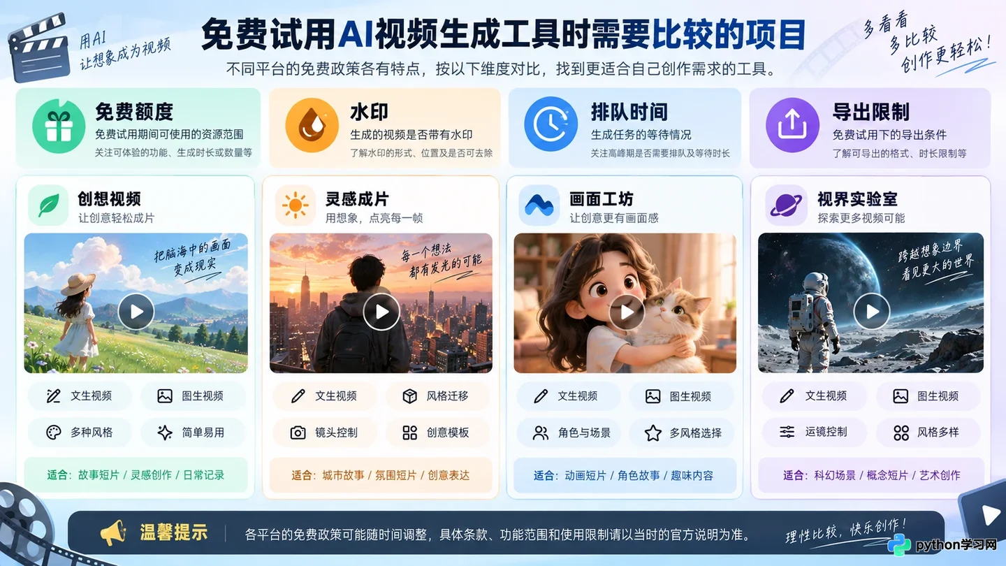 免费AI视频生成平台有哪些？可用额度与限制盘点