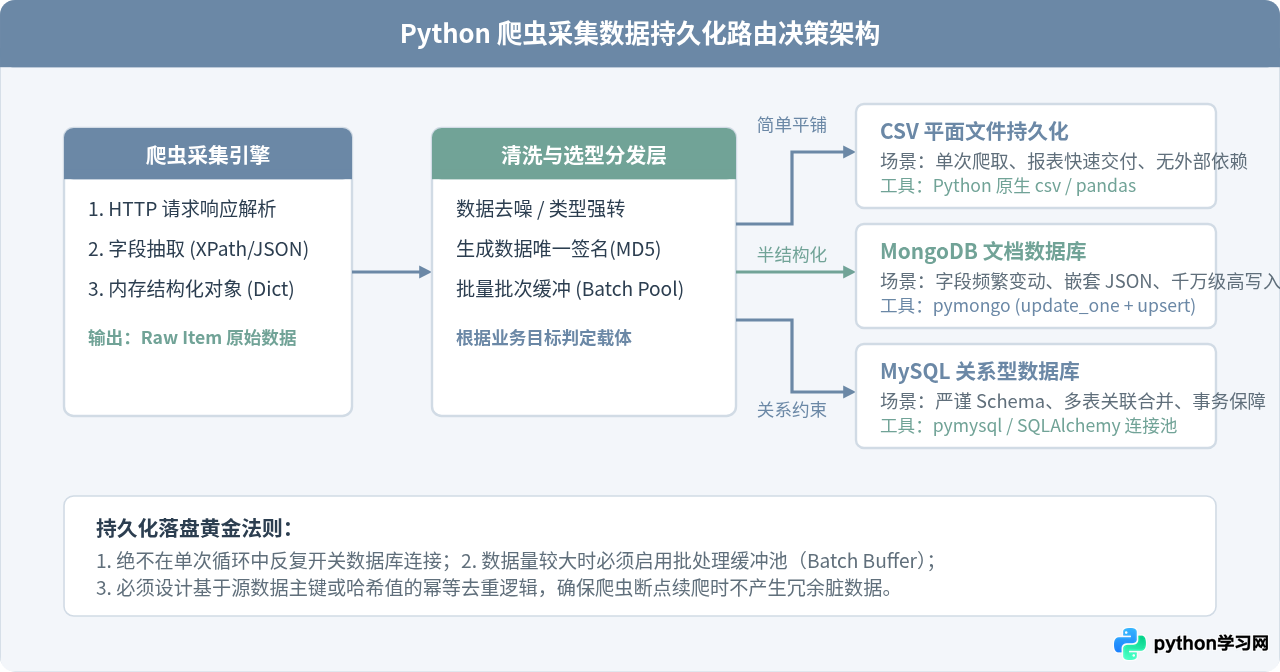 Python爬虫数据持久化：将采集结果存入MySQL、MongoDB或CSV