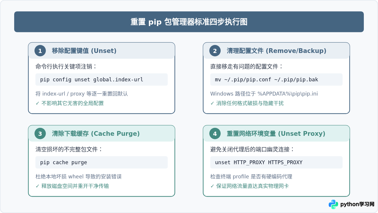 pip安装失败时怎么重置Python包管理器配置