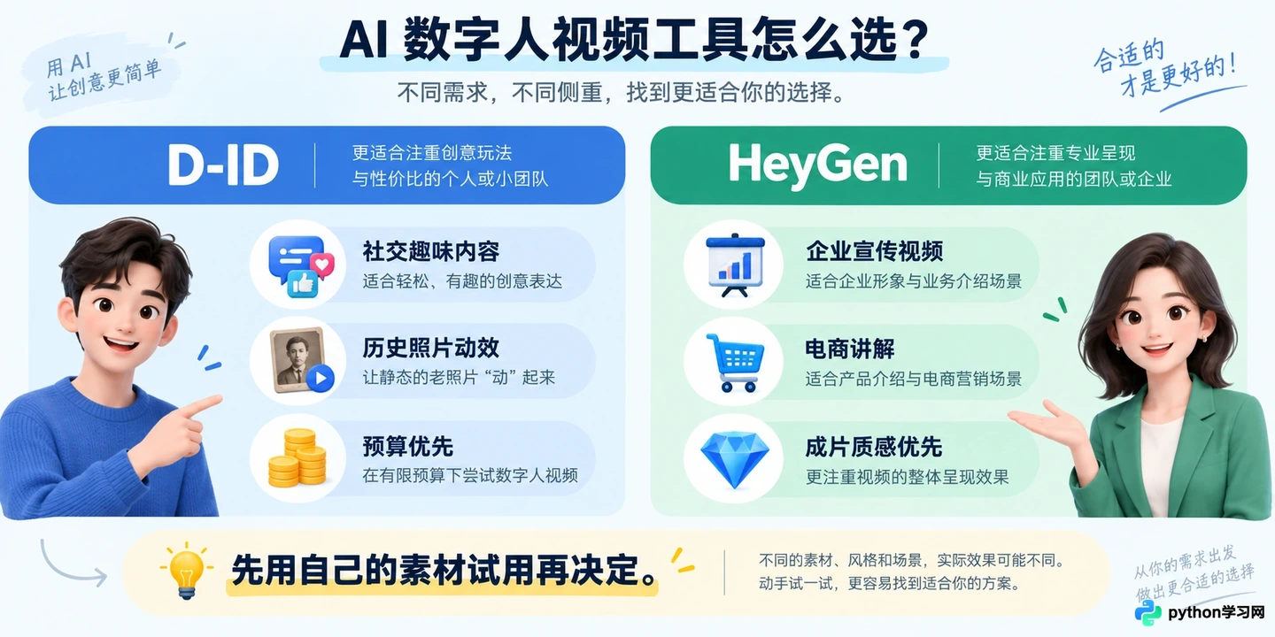 HeyGen与D-ID对比:哪款AI数字人生成工具性价比更高