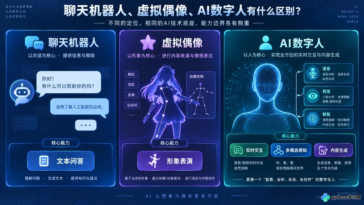AI数字人与虚拟偶像、聊天机器人有什么区别