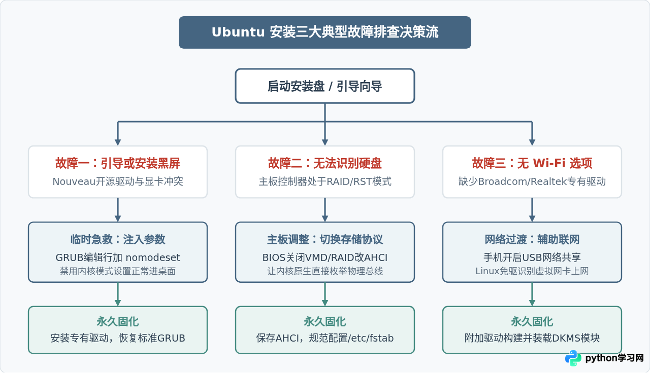 Ubuntu安装常见报错解决：黑屏、无法识别硬盘及Wi-Fi驱动缺失