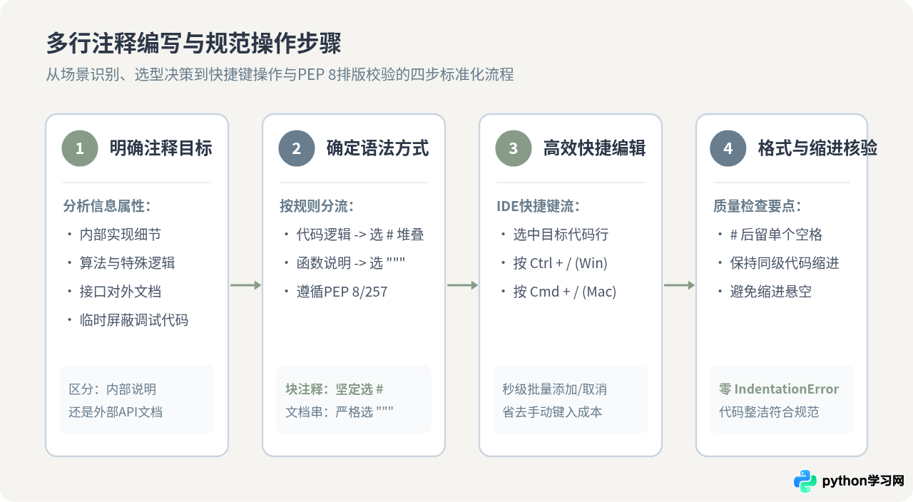 Python多行注释怎么写：#号堆叠与三引号的用法对比
