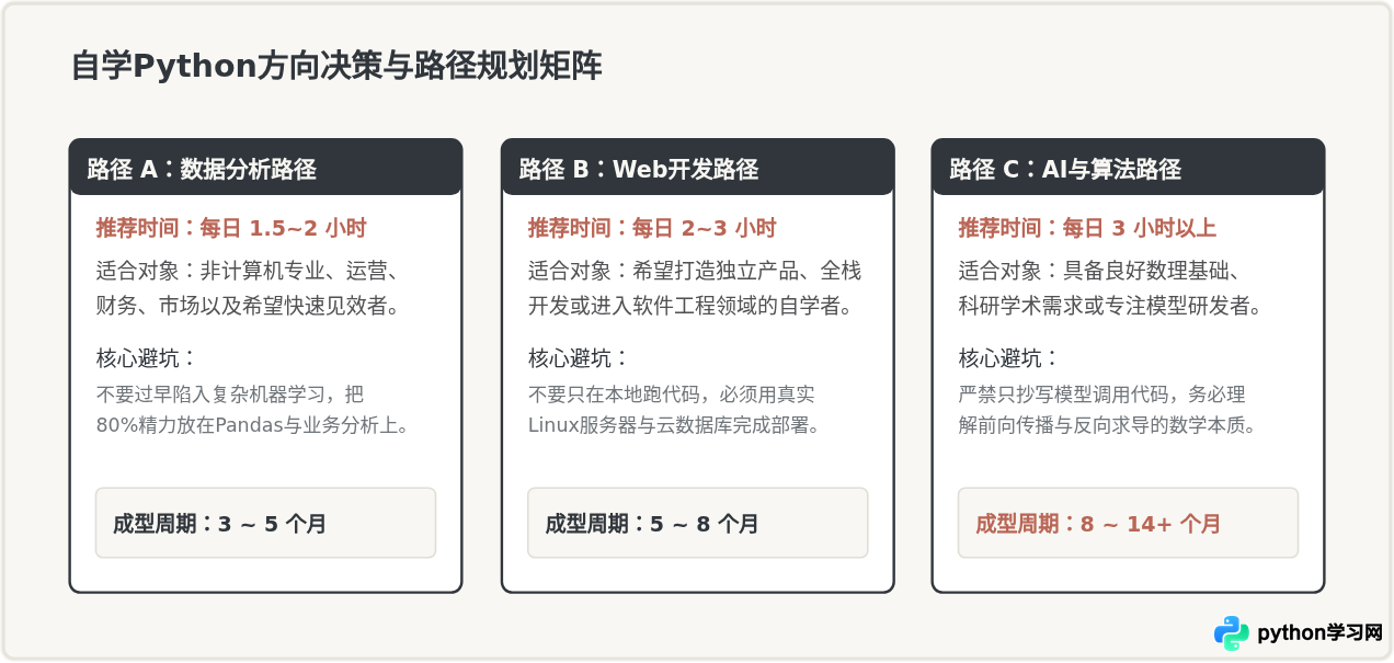 Web、数据分析与AI方向自学Python的耗时差异