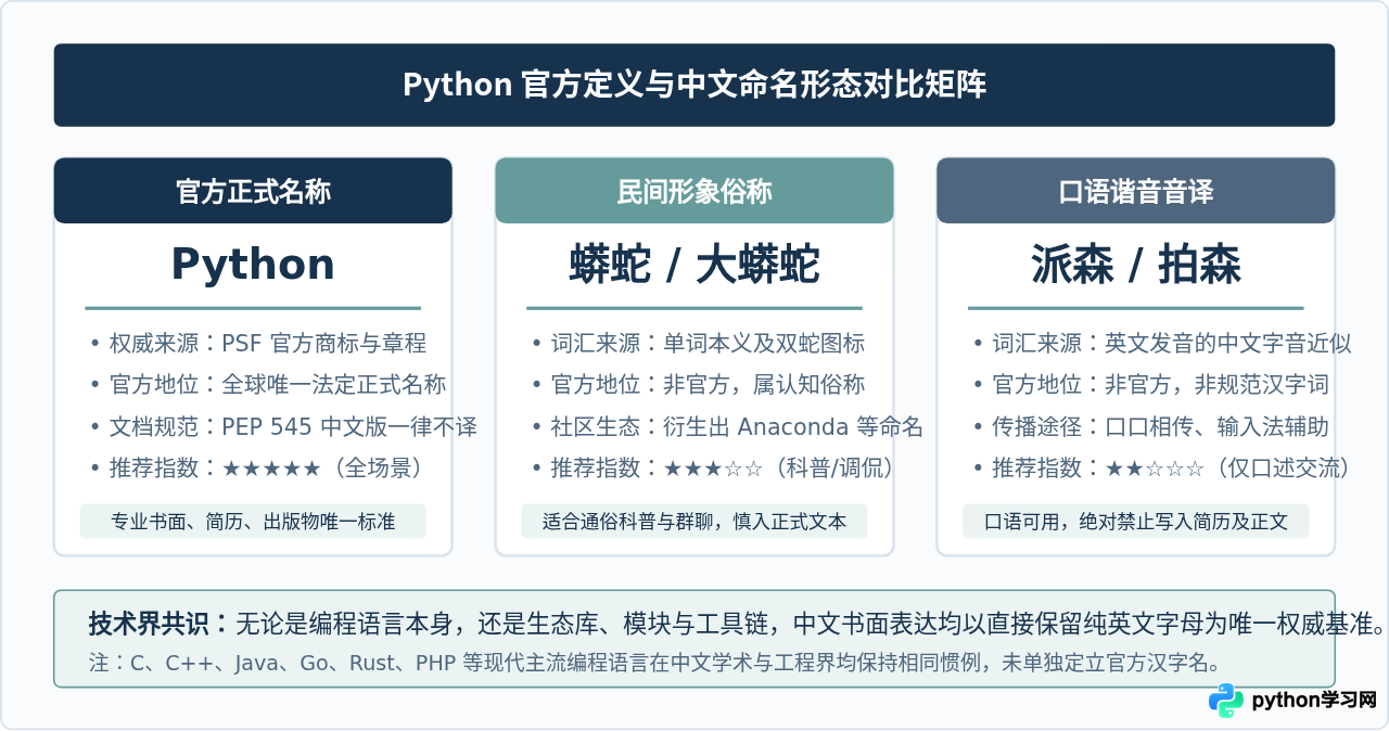 Python有官方中文名称吗？业界通用叫法说明