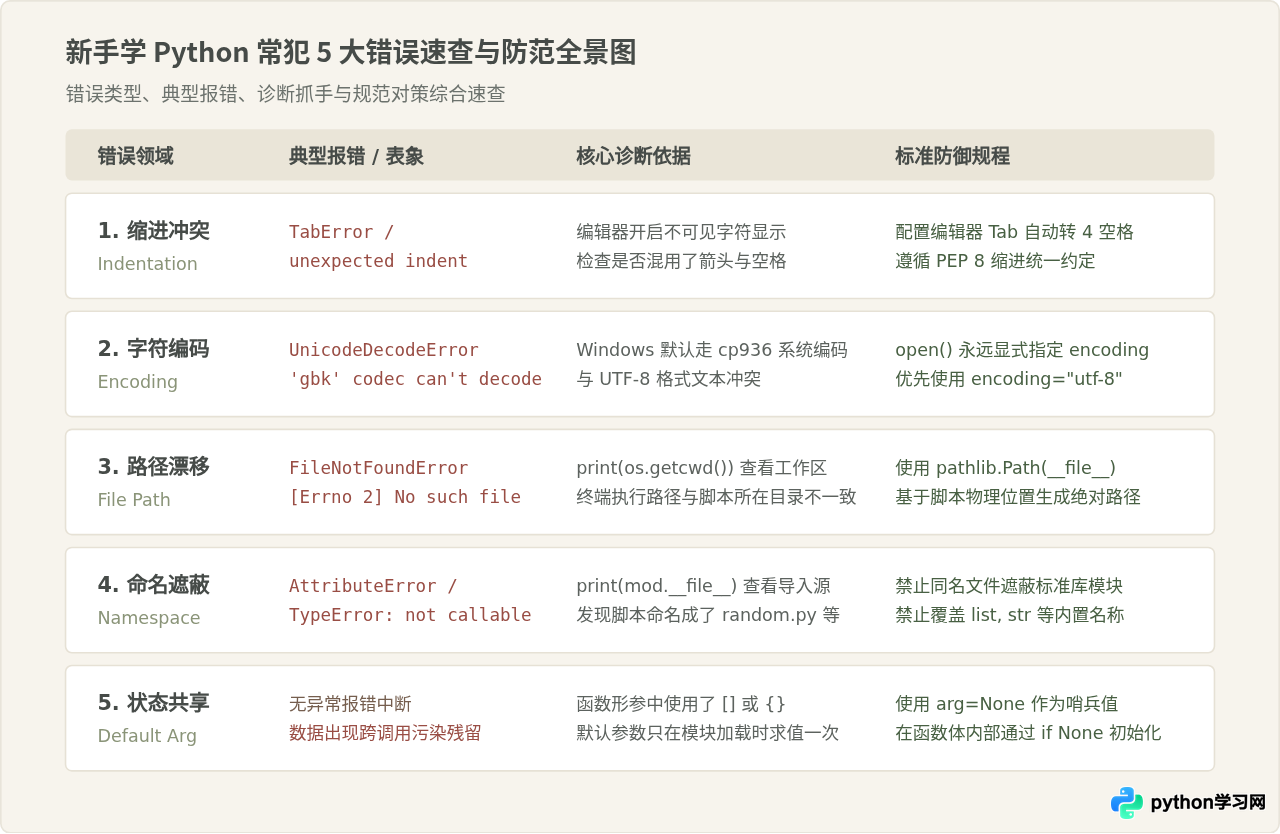 新手学Python常犯的5个错误：缩进、编码与路径问题排查