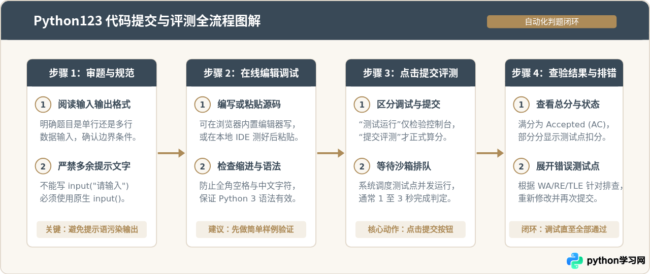 怎么在Python123网页上提交代码并查看评测结果