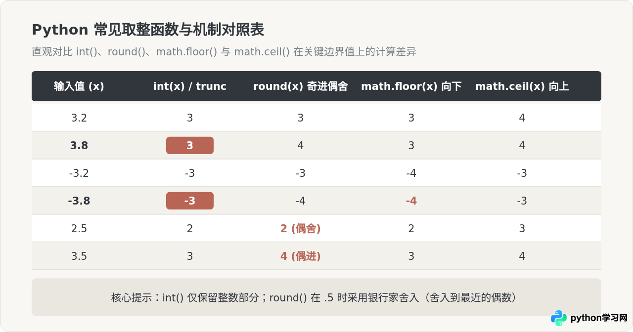 Python int()处理浮点数是截断还是四舍五入？