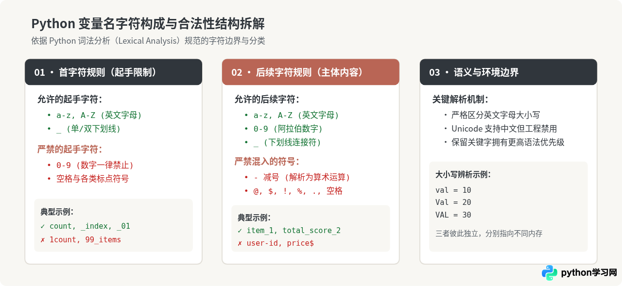 Python变量命名规则：合法字符、首字符限制与关键字避让