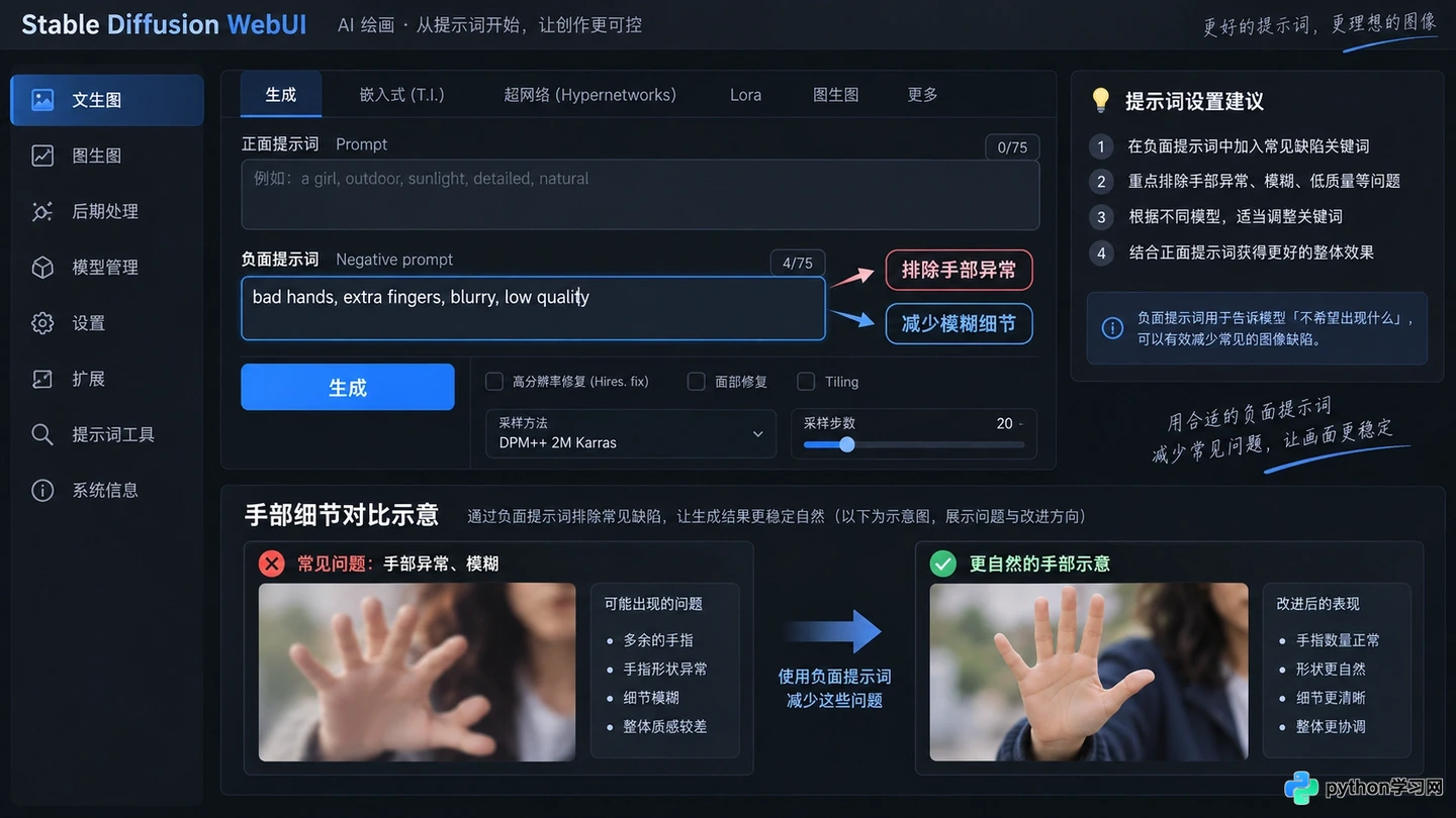 怎么解决AI绘画手部崩坏和画面模糊?提示词优化指南