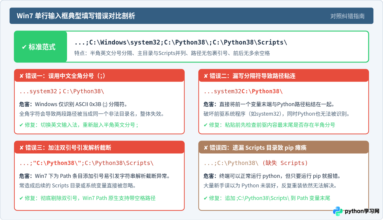 Win7下Python环境变量Path填写格式与常见错误解析