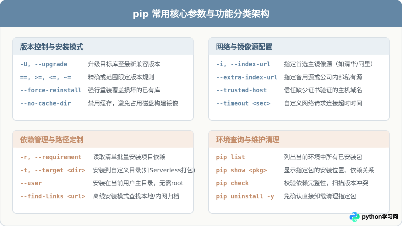 Python pip安装第三方库的基础命令与常用参数详解