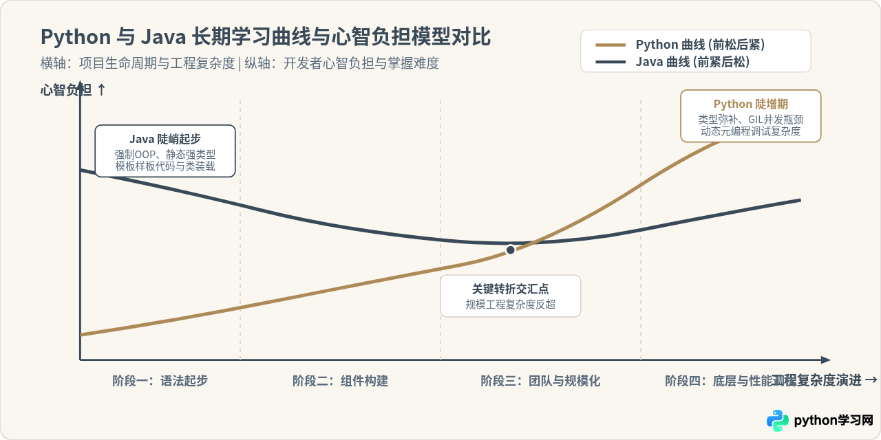 Python和Java的长期学习曲线有什么不同？