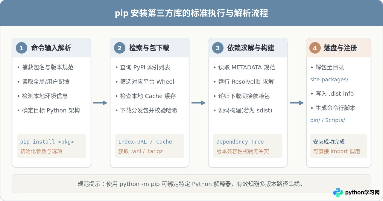 Python pip安装第三方库的基础命令与常用参数详解