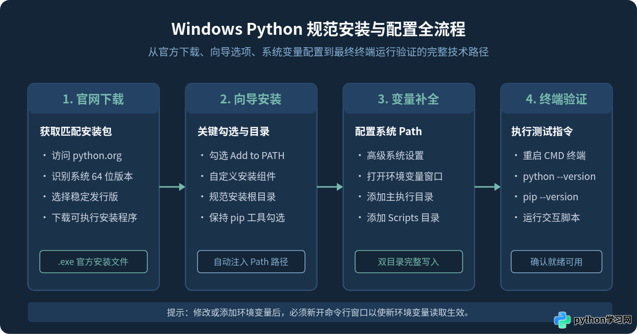 Windows电脑怎么安装Python？下载、环境变量配置与验证步骤