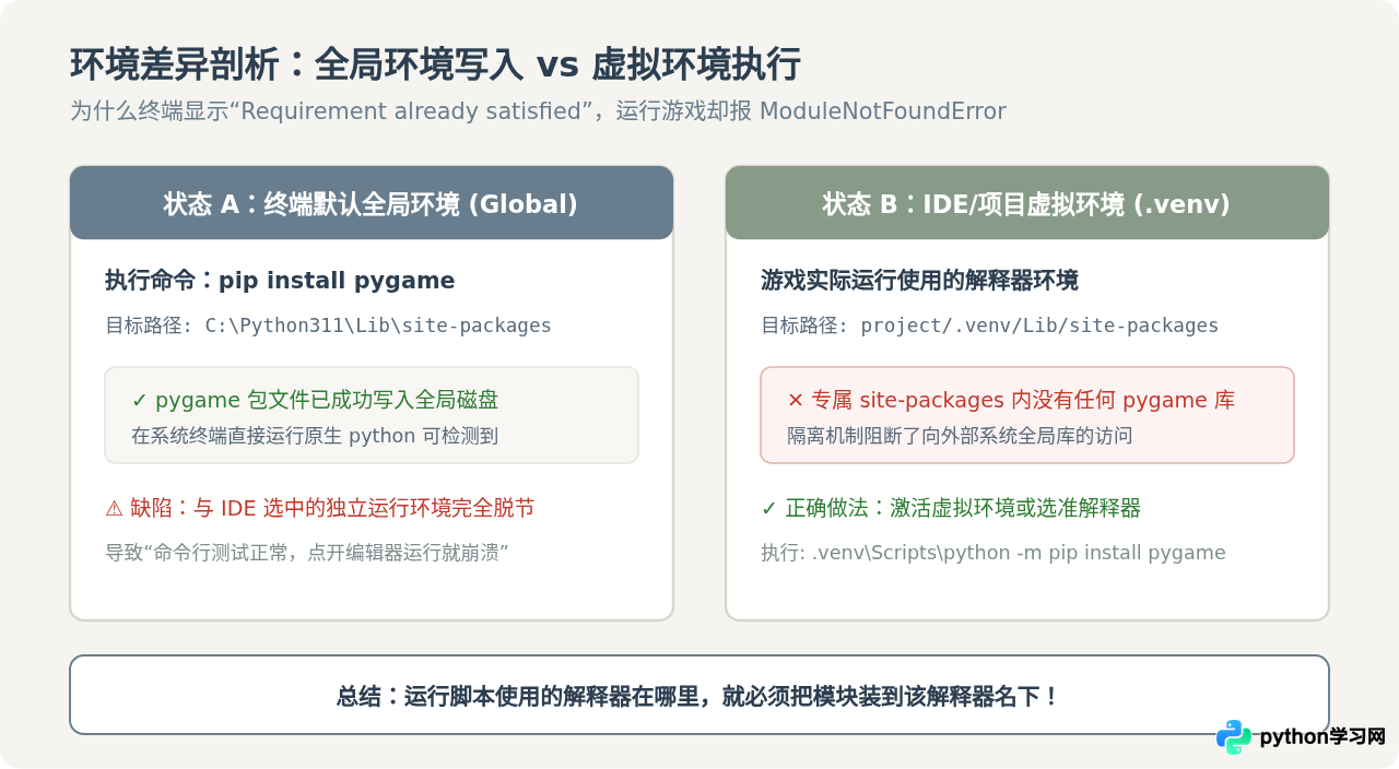 运行Python游戏报错ModuleNotFoundError怎么办