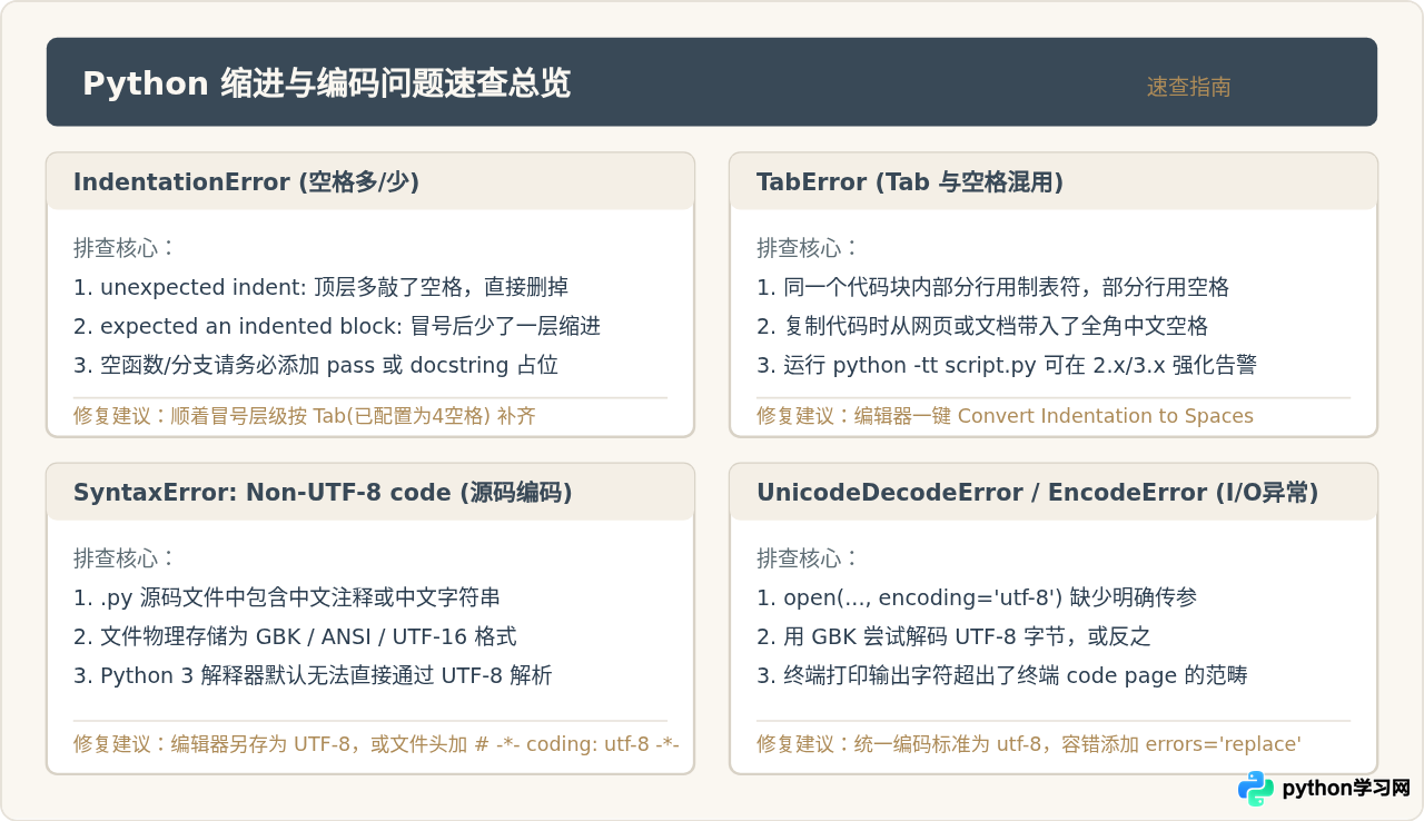 Python缩进错误和编码问题怎么解决