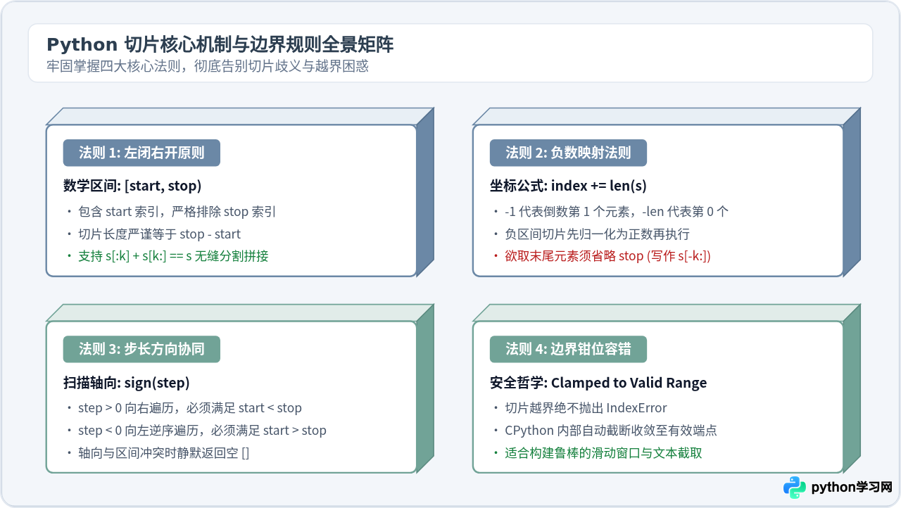 Python切片左闭右开原则解析：负数索引与越界处理机制