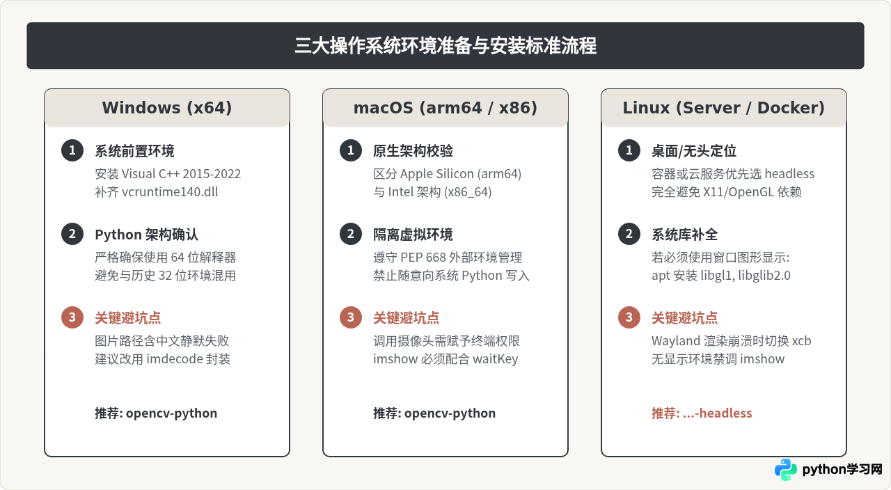 Windows、macOS和Linux下Python安装OpenCV的注意事项