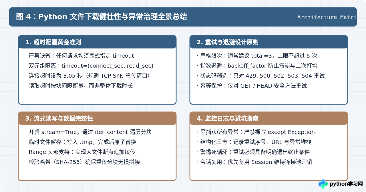 Python下载文件时怎么处理超时异常和自动重试？