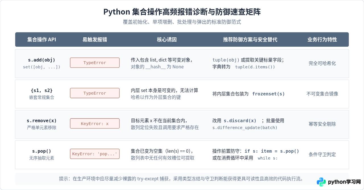Python集合操作报错解析：处理TypeError与KeyError