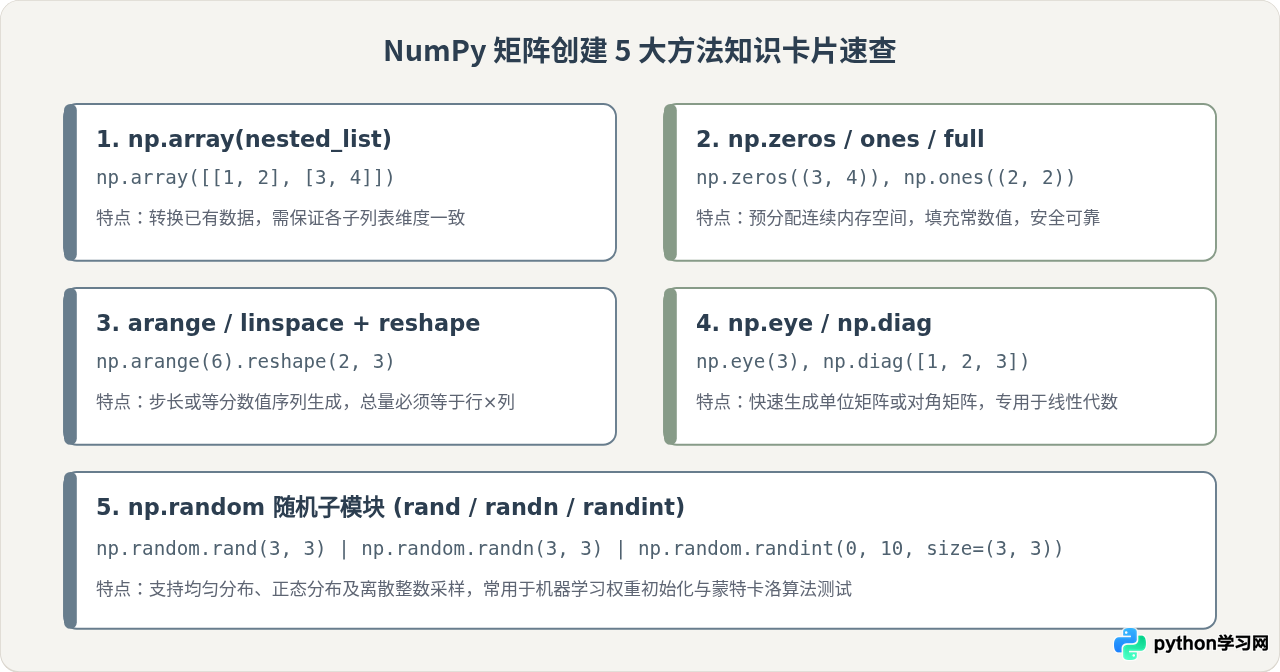 Python NumPy创建矩阵的5种常用方法