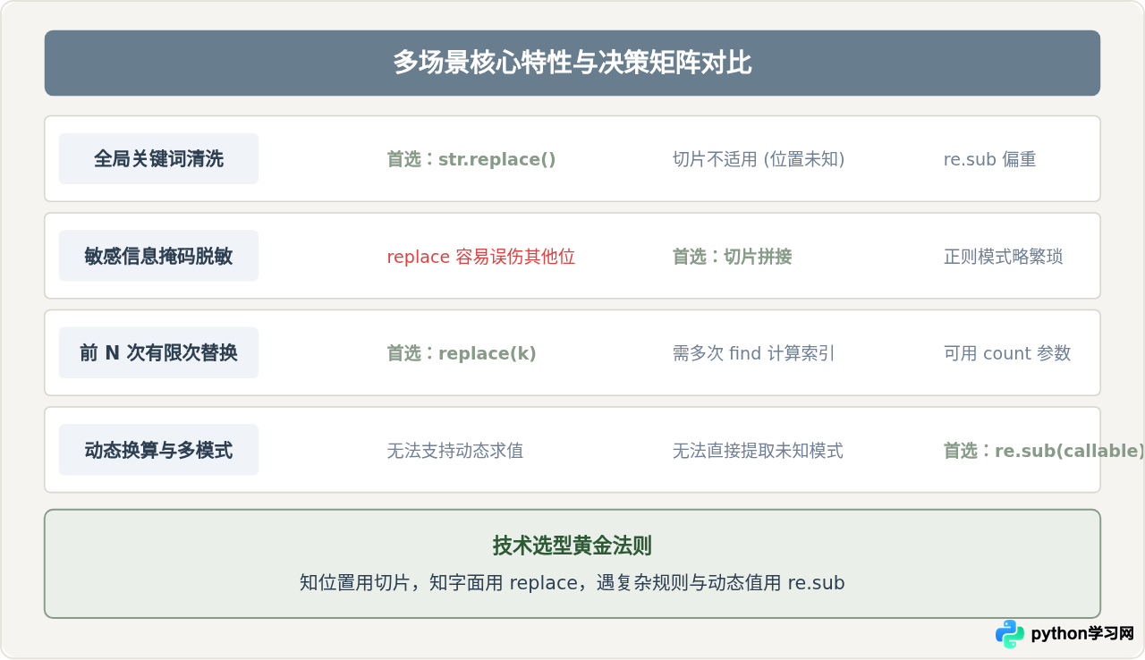 Python字符串replace、切片与正则部分替换的适用场景对比