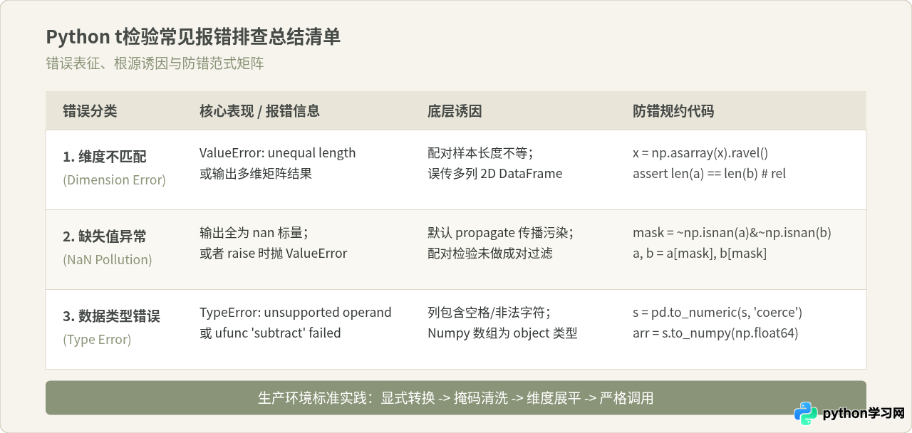 Python t检验报错：维度不匹配、NaN值及数据类型错误排查