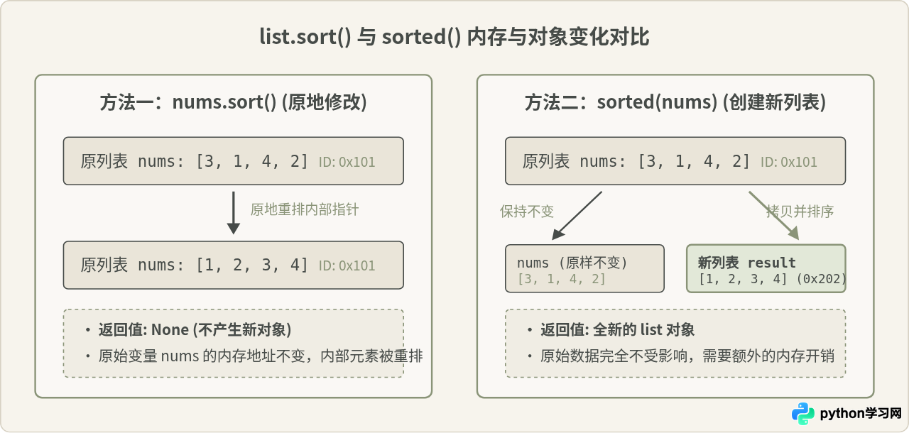 Python列表排序的两种核心方法：list.sort()与sorted()