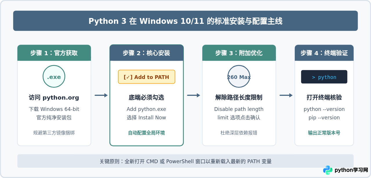 Windows 10/11 安装 Python 3：勾选 Add to PATH 与验证步骤