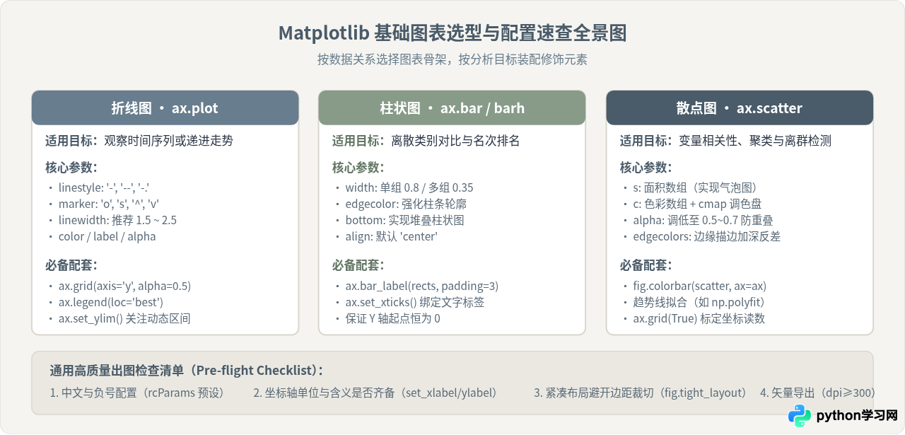 Python Matplotlib数据可视化实例：折线图、柱状图与散点图绘制