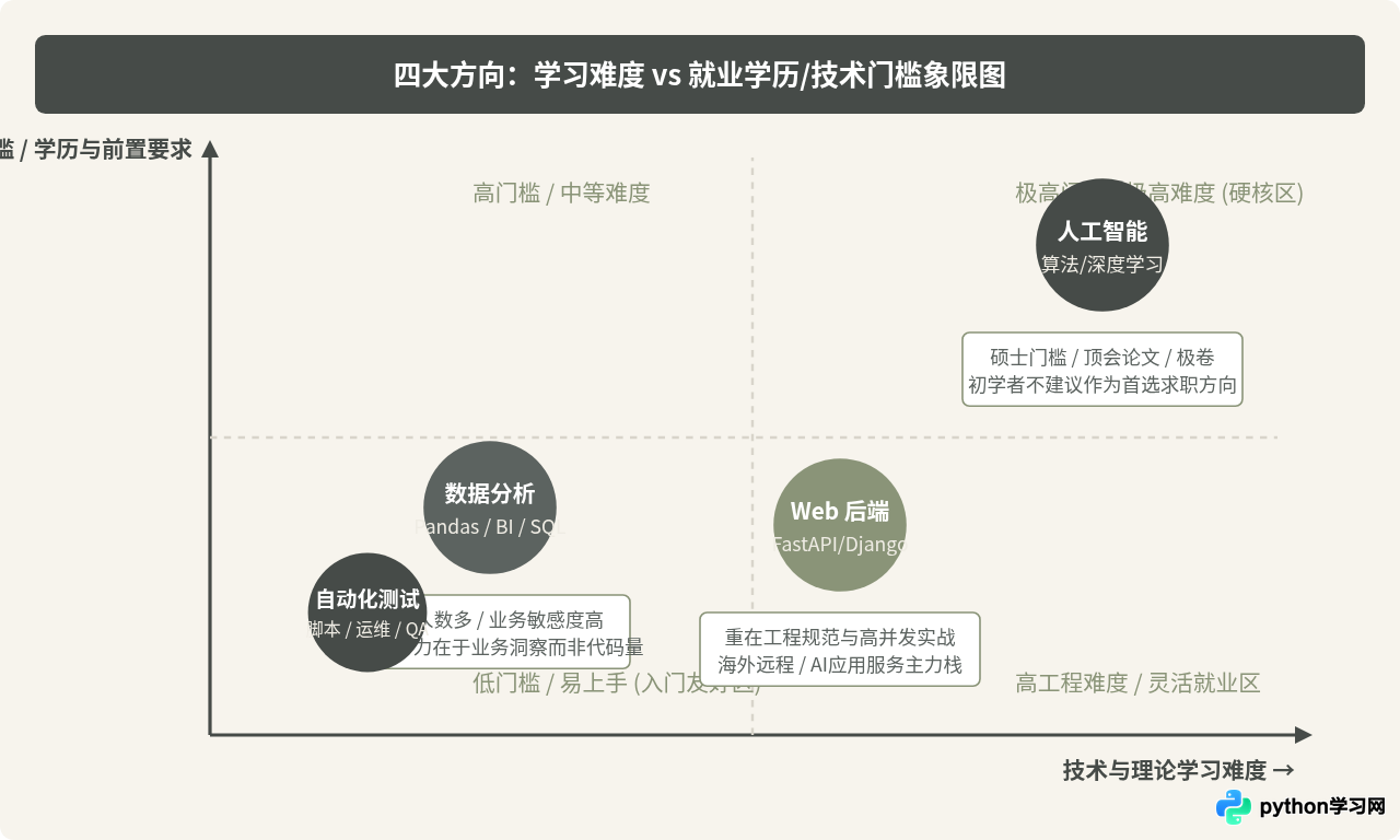 初学者怎么选Python学习方向？结合就业前景与难度分析