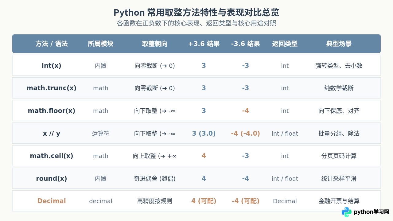 Python取整方法大全：int()、round()与math模块函数详解