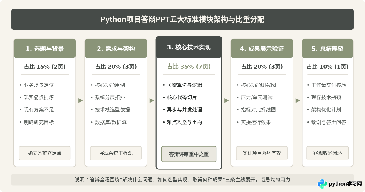 Python项目答辩PPT标准结构：从选题背景到技术实现的完整框架