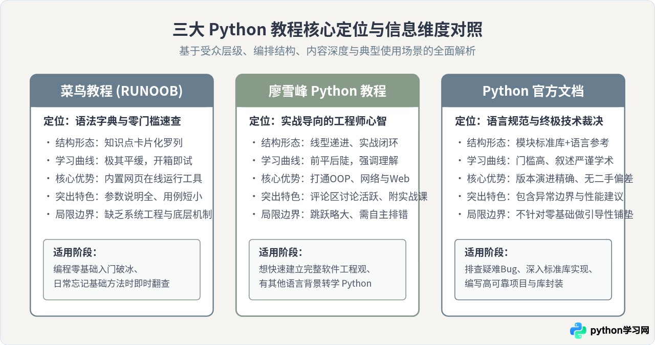 菜鸟教程Python与官方文档、廖雪峰教程对比