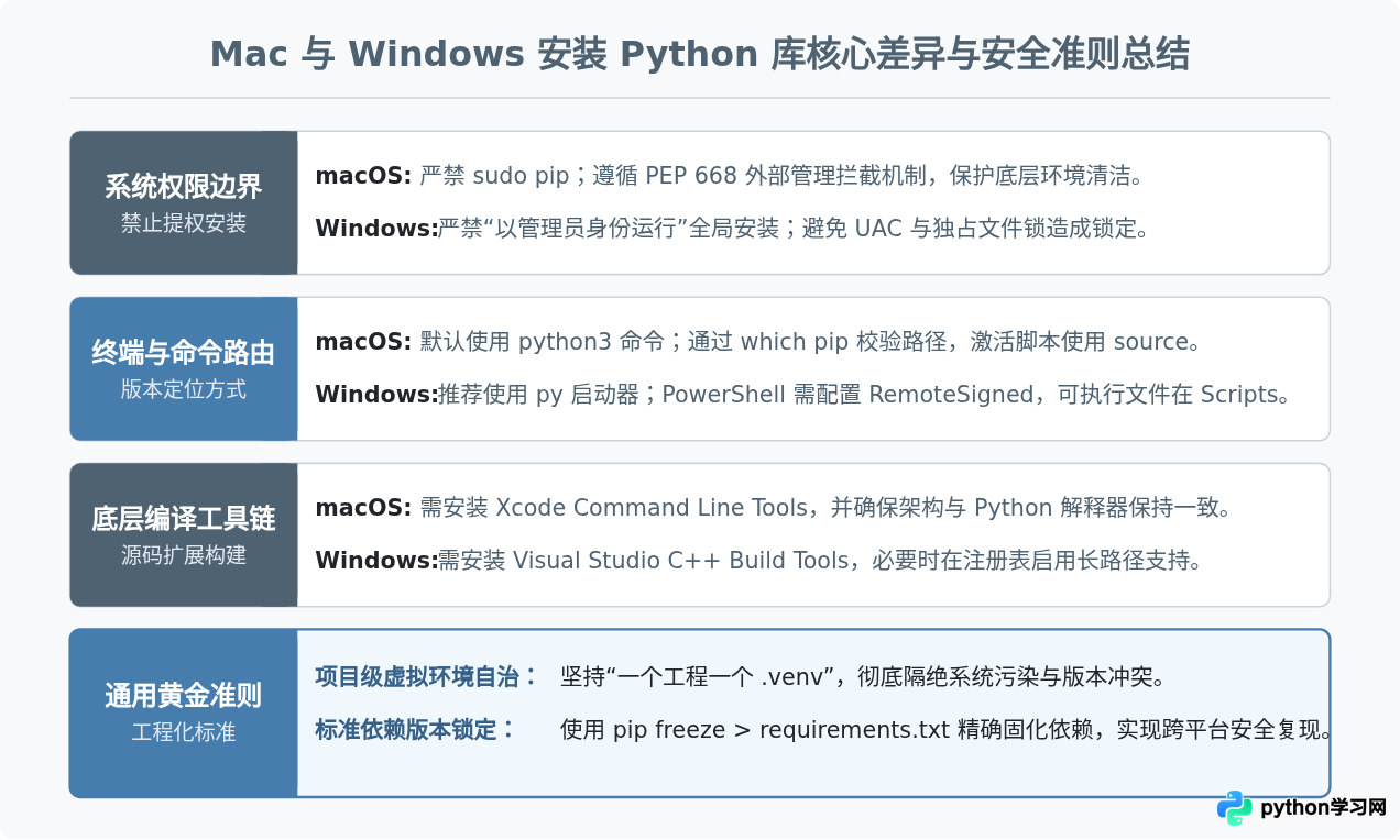 Mac和Windows下安装Python库有什么区别？系统级权限注意事项