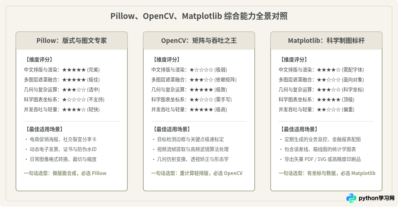 Python图片生成库选型：Pillow、OpenCV与Matplotlib适用场景对比