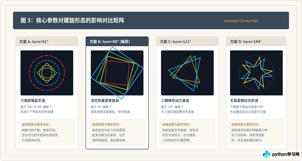Python绘制彩色螺旋蛇的代码实现与参数调整