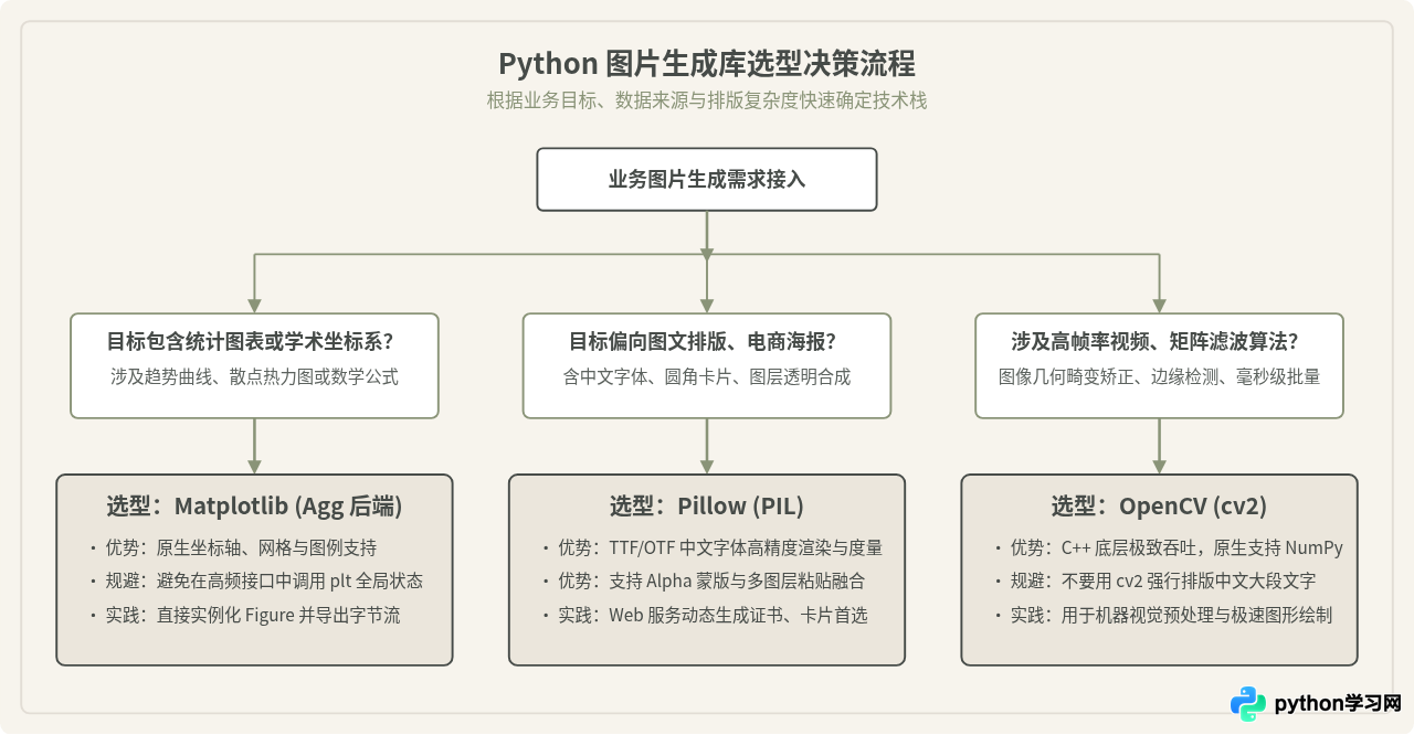 Python图片生成库选型：Pillow、OpenCV与Matplotlib适用场景对比
