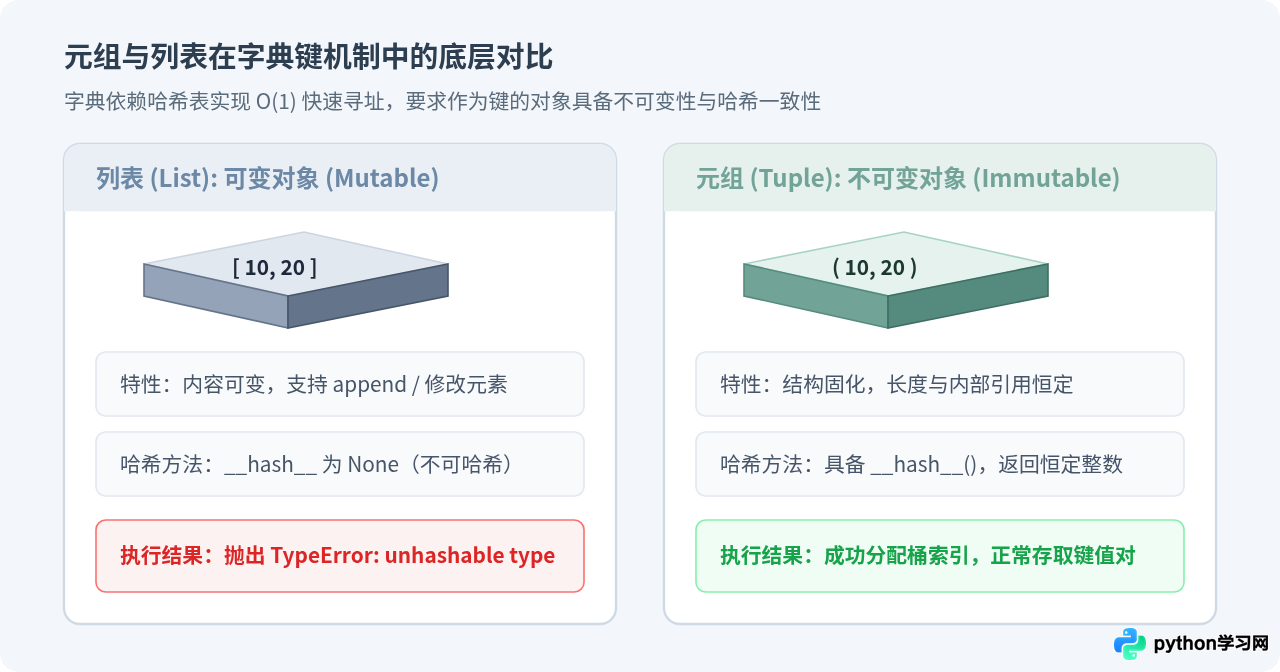 Python中为什么只有元组能作为字典的键？