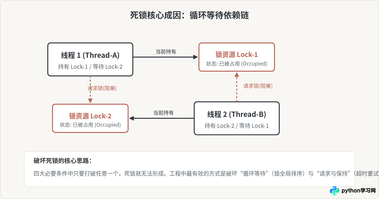 Python多线程常见陷阱：死锁成因分析与排查方法