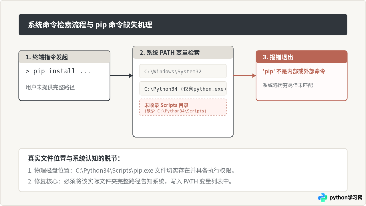 Python 3.4.4安装pip后命令无法识别的解决方法