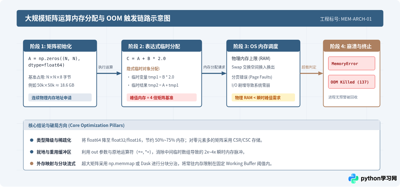 Python大规模矩阵运算内存溢出优化策略
