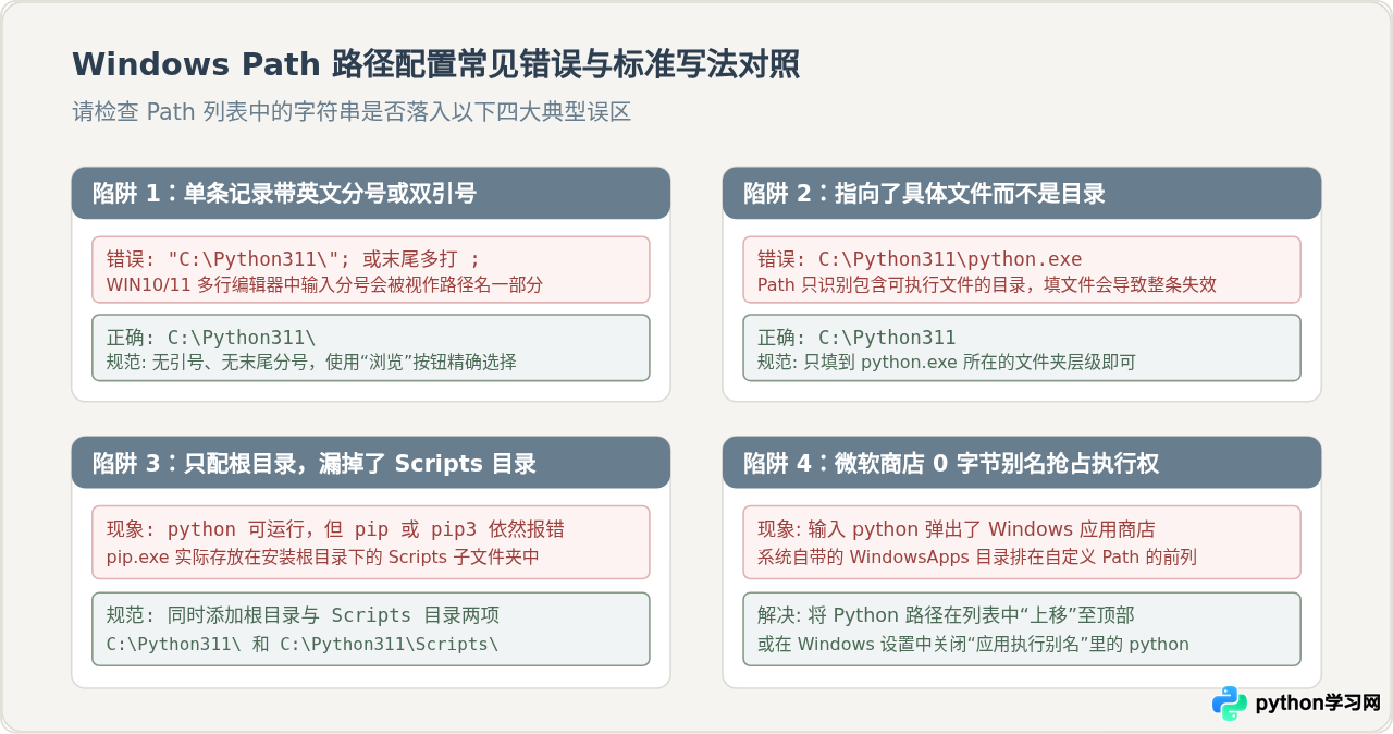 Windows Python环境变量配好后仍报错？排查路径拼写与终端重启问题