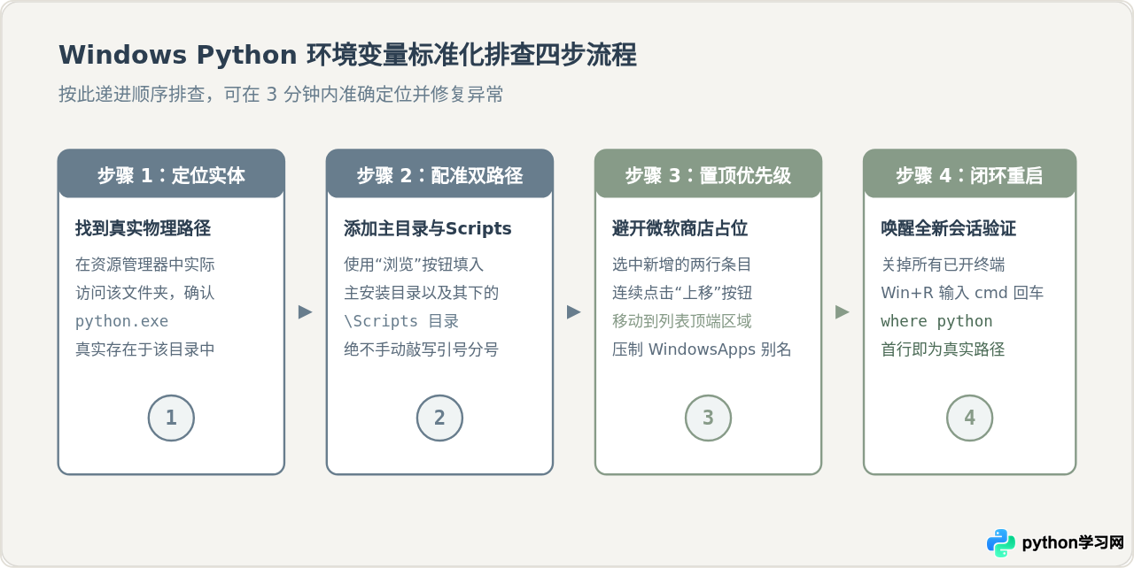Windows Python环境变量配好后仍报错？排查路径拼写与终端重启问题